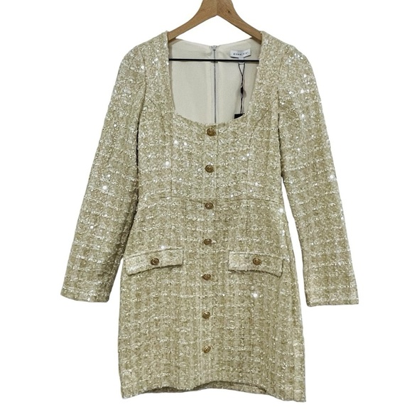 Gianni Bini Lissy Sequin Tweed Long Sleeve Button Front Mini Dress Champagne NEW - Picture 2 of 14